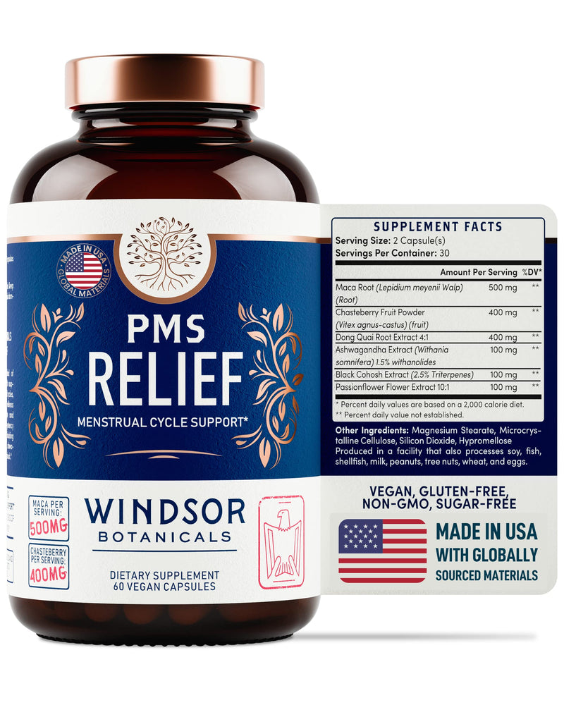 PMS Support Supplement for Women with Chasteberry, Maca Root, Ashwagandha - Period Relief, Bloating Relief for Women, Mood Support, Hormone Balance Herbal Supplements - 30 Day, 60 Vegan Capsules Vegan PMS Support