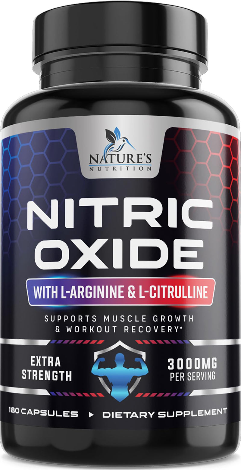Nitric Oxide Booster Extra Strength - 3X Strength L-Arginine & Citrulline Supplement - Best Nitric Oxide Supplements for Men - Supports Muscle, Heart Health, Energy - Bottled in USA - 180 Capsules 180 Count (Pack of 1)
