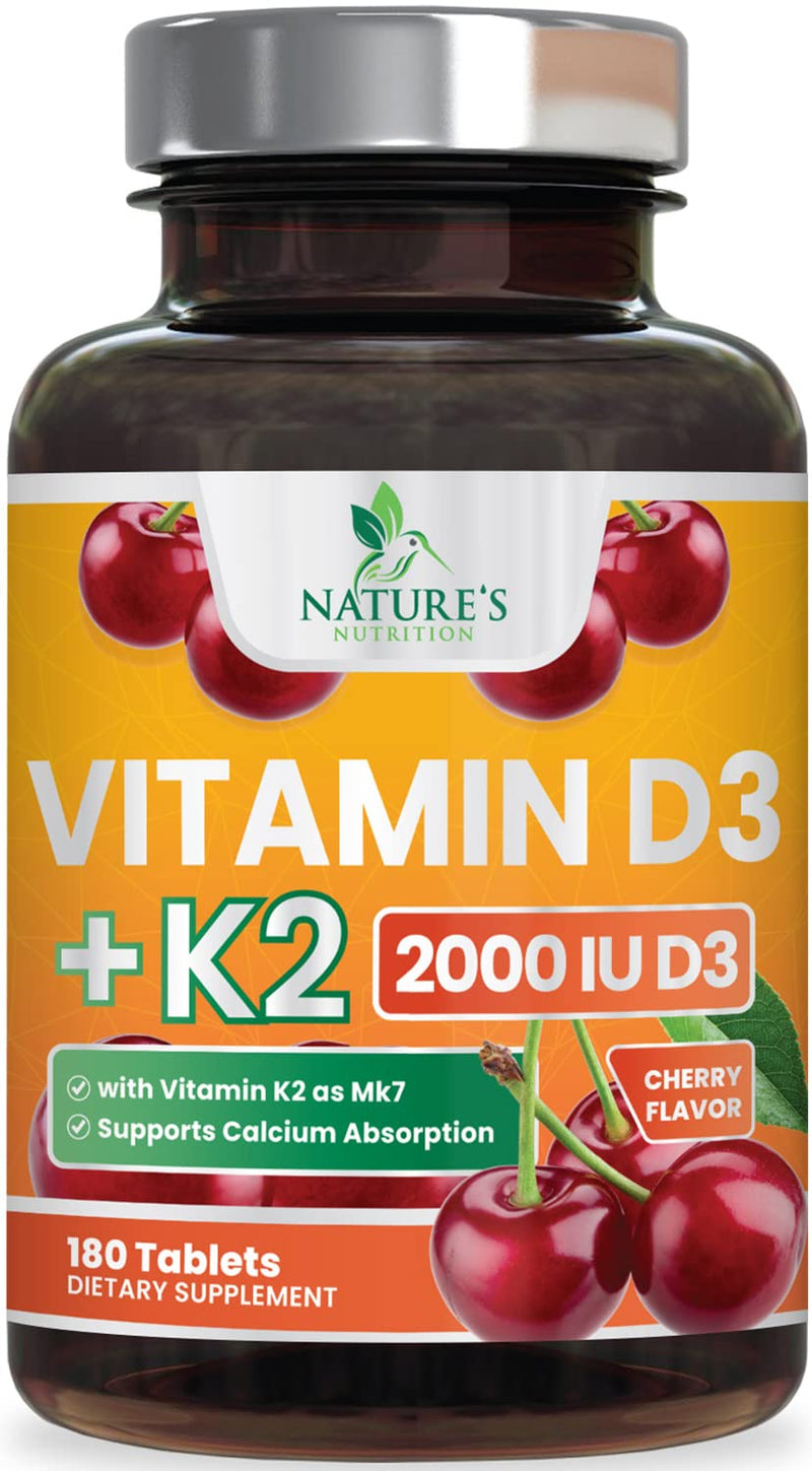 Vitamin D3 K2 Supplement - 2000 IU D3 Per Serving - Extra Strength MK-7 K with Vitamin D3 - For Immune Support, Heart, Teeth & Bone Health - Easy to Swallow D3K2 Chewable, Berry Flavor - 180 Tablets 180 Count (Pack of 1)