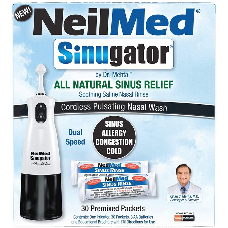 NeilMed Sinugator Cordless Pulsating Nasal Irrigator (Dual Speed) with 30 Premixed Packets and 3 AA Batteries - Black (Pack of 1) 34 Piece Set (Pack of 1)