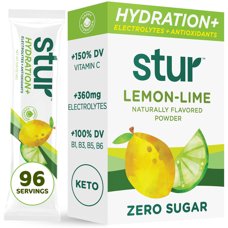 Stur Electrolytes Powder Hydration Packets | Lemon Lime | Sugar Free Water Flavor Packets for Workout Recovery | High Antioxidants & B Vitamins | Keto, Vegan, Non-GMO, Paleo (96 Packets) 96 Count (Pack of 1) - BeesActive Australia
