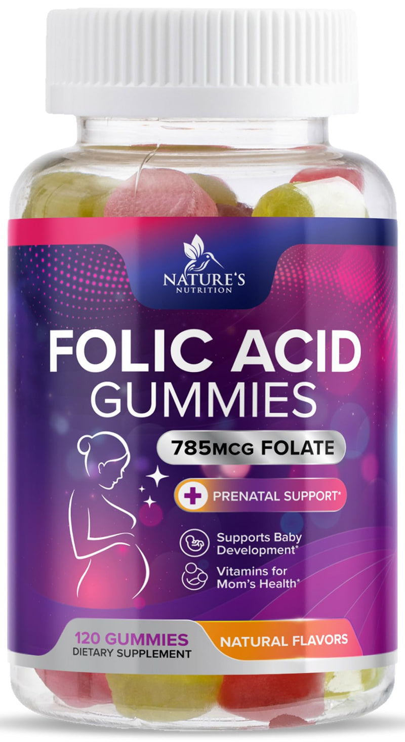 Folic Acid Gummies - Essential Prenatal Vitamins for Women - Daily Folate Vitamin B9 for Mom & Baby Development Support - Before During & After Pregnancy, Natural Orange & Cherry Flavor - 120 Gummies 120 Count (Pack of 1)