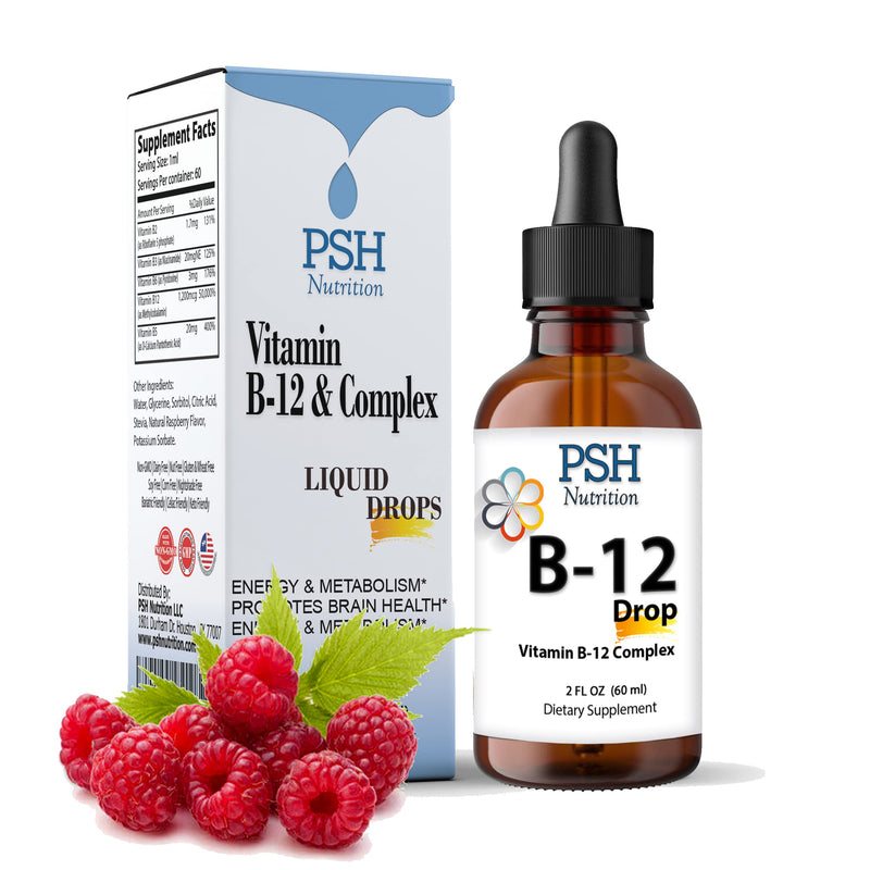 Premium PSH B Complex Liquid Drops with B12 - Natural Energy Booster - USA Made Supplement for Energy and Focus Stress Relief and Energy and Immune Support - 2 fl oz
