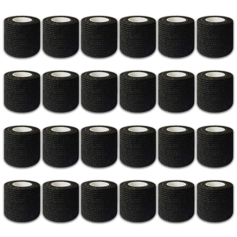 Tattoo Grip Cover Wrap - 24Pcs 2" x 5 Yards Disposable Cohesive Tattoo Grip Tape Wrap Black Elastic Bandage Rolls Self-Adherent Tape for Tattoo Machine Grip Tube, Sports Tape