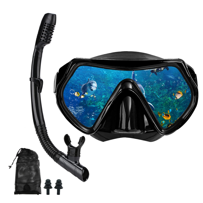 Snorkeling Gear for Adults, Dry Snorkel Mask Set, Scuba Diving Snorkle mask Set Adult, Panoramic Wide View Anti-Fog Dive mask, Swimming Diving Snorkeling Packages BLACK - BeesActive Australia