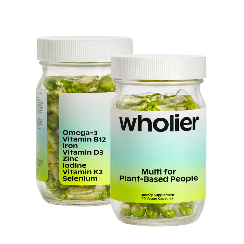 wholier Multi for Plant Based People Vegan DHA Omega 3 B12 Iron 60 Capsules | Supports Energy, Brain Health & Daily Wellness for Adults with Essential Nutrients Zinc, Iodine, Selenium & Vitamin K2