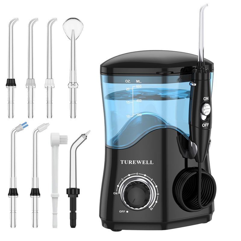 TUREWELL Water Dental Flosser for Teeth/Braces, Water Teeth Cleaner 8 Jet Tips and 10 Pressure Levels, 600ML Large Water Tank Oral Irrigator for Family(Black) Black