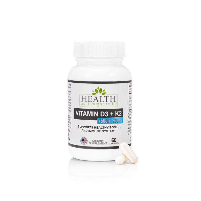 Health As It Ought To Be D3 + K2 | D3 7500 IU + K2 200mcg | 60 Capsules | Paired nutrients support bone strength, cardiovascular wellness, immune function, calcium utilization and healthy aging Vitamin D3 7500 Iu + K2 200 Mcg - 60 Capsules