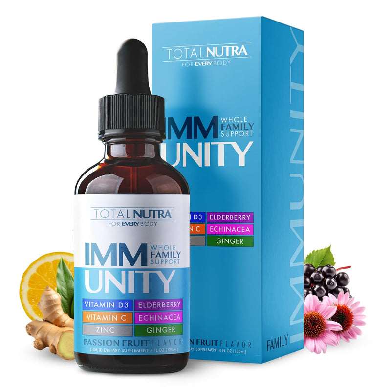 Total Immune 6-in-1 Liquid Multivitamin Supplement | 100% Daily Zinc, Vitamin D3, Vitamin C Immunity Drops Vitamin Liquid | Elderberry, Echinacea, Ginger Support for Adults & Kids | 4 oz Passion Fruit 4 Fl Oz (Pack of 1)