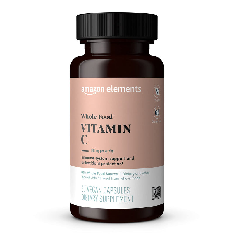 Amazon Elements - Whole Food Vitamin C, 95% Whole Food Source, Dietary and other ingredients derived from whole foods, Non-GMO verified ingredients, vegan certified, and gluten free, 60 capsules 60 Count (Pack of 1)