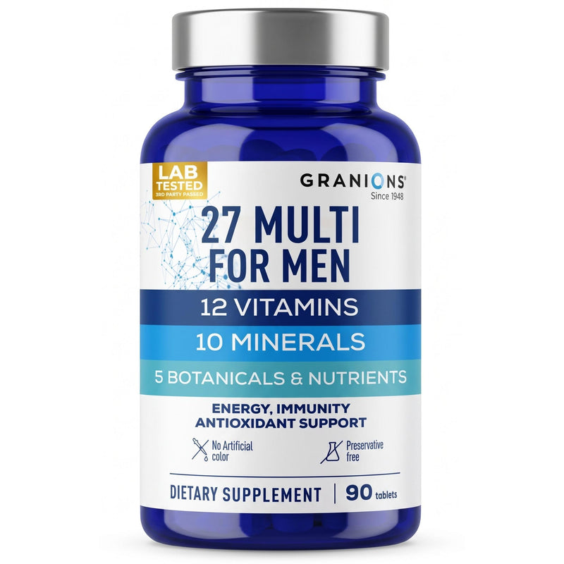 Granions 27 Mens Multivitamins Minerals Extracts - Vitamin D3, C, B12, Zinc, Magnesium, CoQ10, Quercetin, Maca Plus Multivitamin - Daily Mens Vitamins Supplement Multi for Men - 90 Tablets