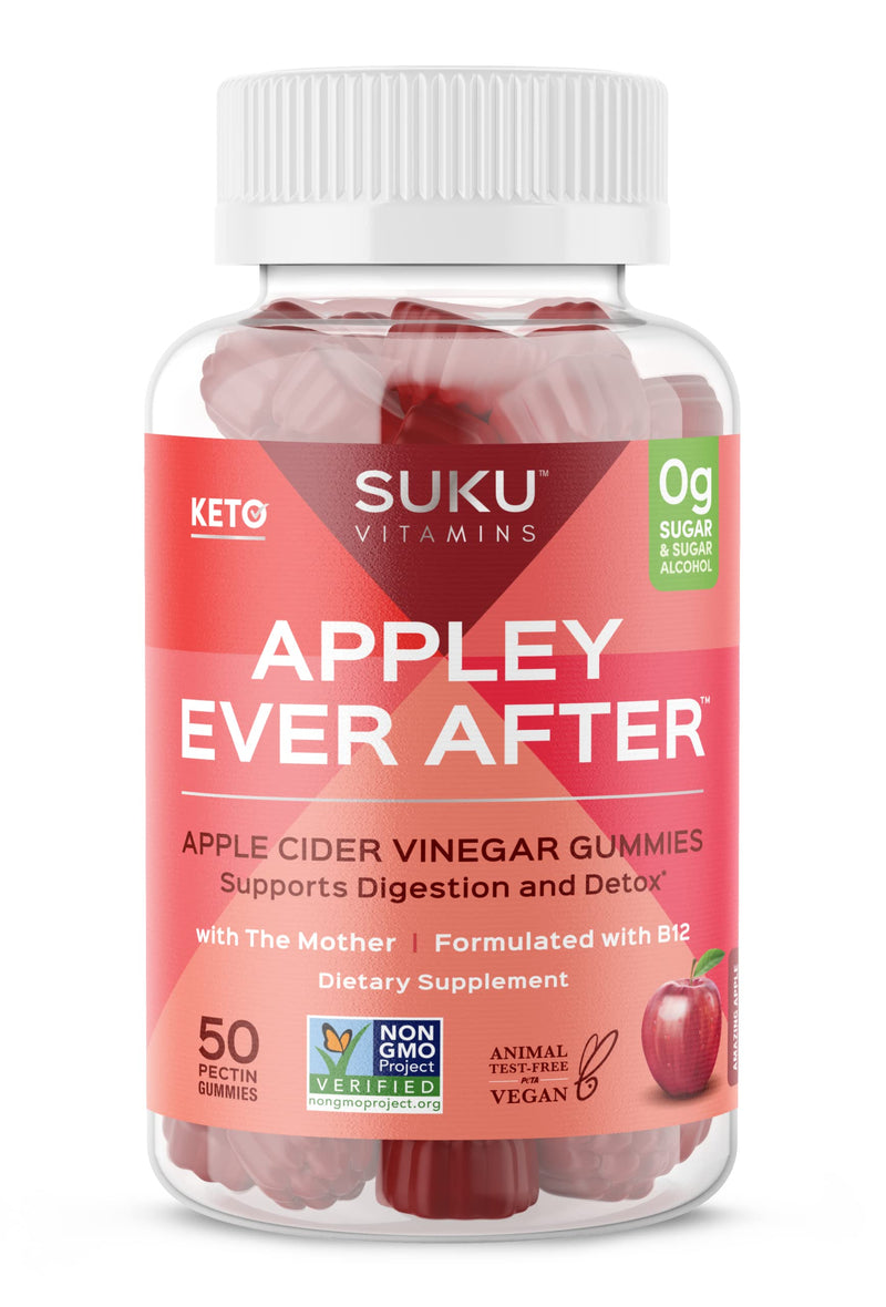 SUKU Appley Ever After Gummies – Apple Cider Vinegar with Methylated B12 & Folate – Sugar-Free, Gluten-Free, Vegan Detox & Energy Support – Amazing Apple Flavor – 50 Count