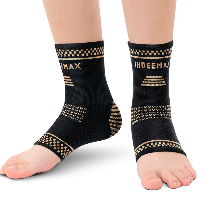 INDEEMAX Copper Ankle Brace for Men and Women, Ankle Compression Sleeve Ankle Support Brace for Sprained Ankle, Plantar Fasciitis, Running, Foot Pain Relief, Achilles Tendonitis (L) Golden Black Large - BeesActive Australia