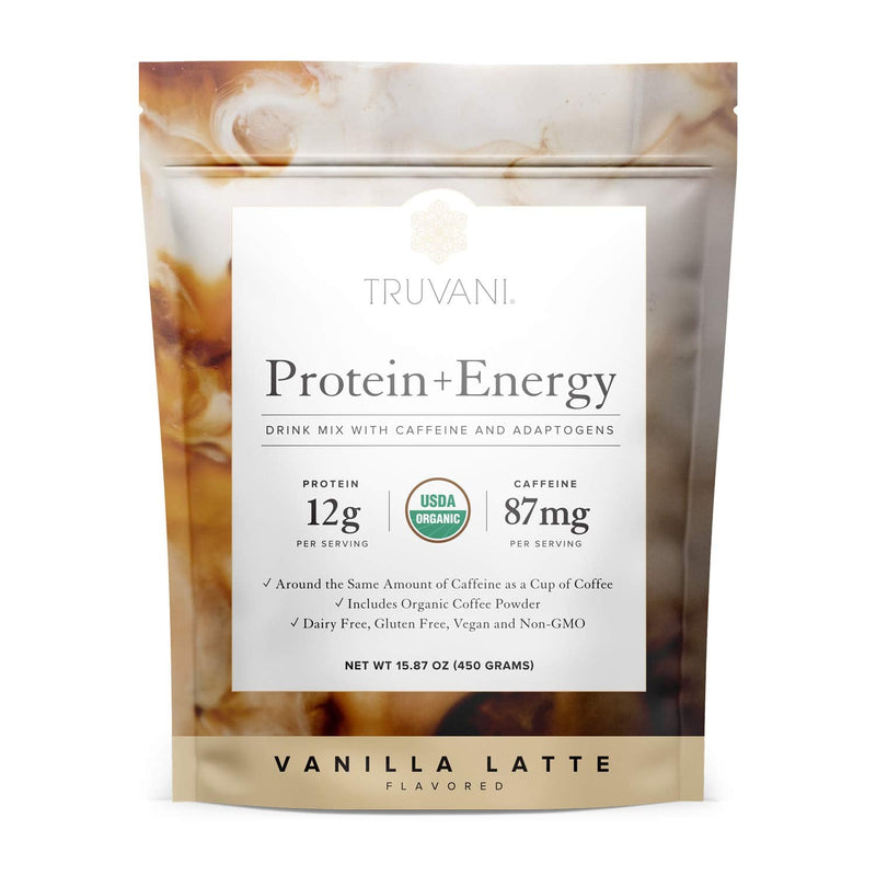 Truvani Protein + Energy Drink Mix with Caffeine & Adaptogens | USDA Certified Organic, Vegan, Non-GMO, & Gluten Free | Vanilla Latte (20 Servings) 20 Servings (Pack of 1) - BeesActive Australia