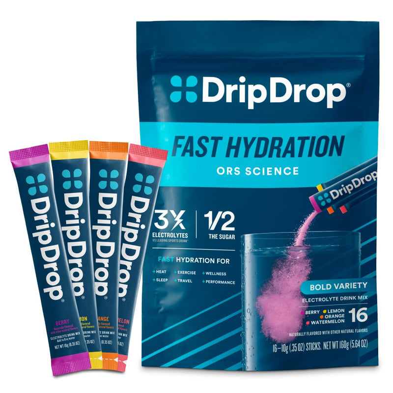 DripDrop Hydration Bold Variety Pack, Electrolyte Packets, 16 Count | Watermelon, Berry, Lemon & Orange; 3X Electrolytes, Vitamin C, Magnesium, Potassium, Zinc; Single Serve Powder Drink Mix