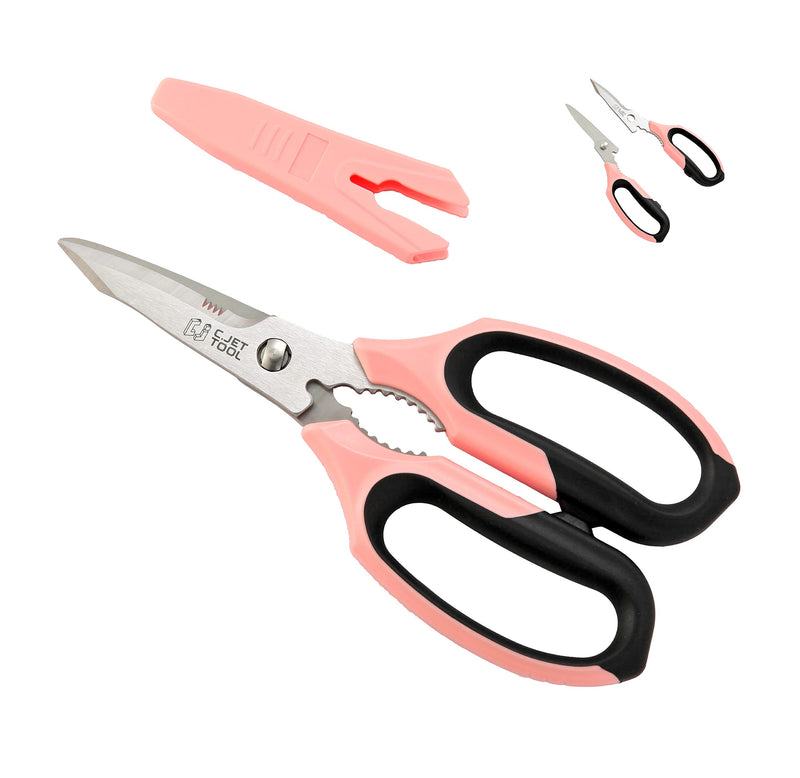 C.JET TOOL 8" Sharp Stainless Kitchen Scissors Meat Vegetables Herbs Food Cutting Shear Heavy Duty Cooking Scissors with Soft Grip Utility Multi-Purpose Carton Opening Tip Blade (Pink) Pink - BeesActive Australia