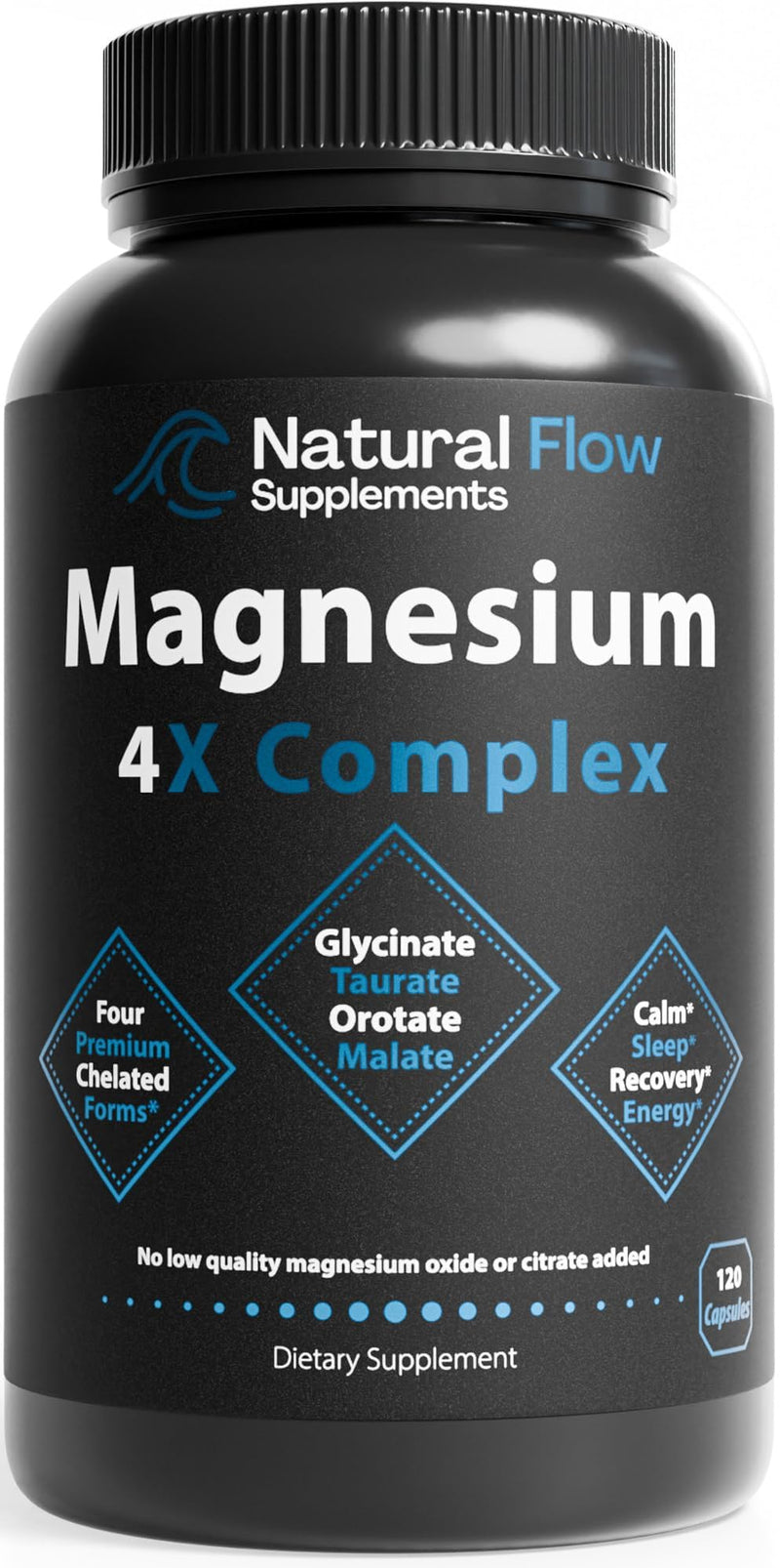 Natural Flow 4X Magnesium Supplement, Magnesium Glycinate, Taurate, Malate, Orotate Complex, Calm Sleep and Cramp Support Blend, No Mag Citrate or Oxide, 120 Capsules Natural 120 Count (Pack of 1)