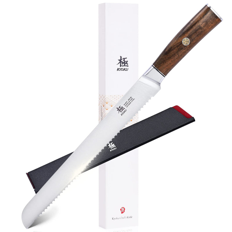 KYOKU 10 Inch Bread Knife - Daimyo Series - Serrated Knife with Ergonomic Rosewood Handle, and Mosaic Pin - Japanese 440C Stainless Steel Bread Cutter with Sheath and Case - BeesActive Australia