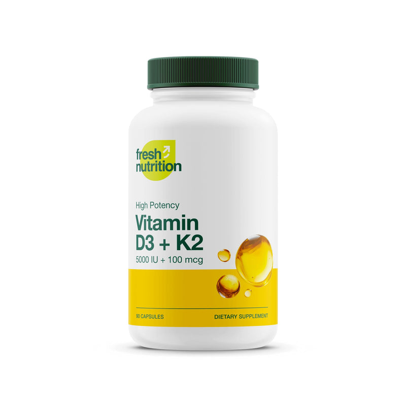 Fresh Nutrition Vegan Vitamin D3 + K2 Capsules - 5000 IU D3 + 100mcg K2 as MK-7 for Optimal Absorption - Immune Health, Bone Health, Mood - Non GMO - 90 Capsules, 3 Month Supply 90 Count (Pack of 1)