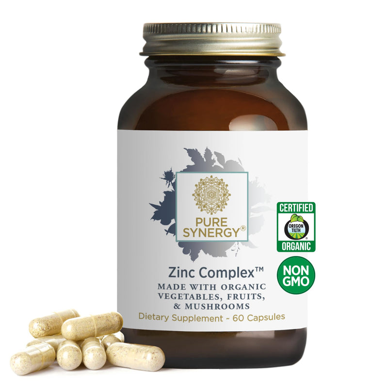 PURE SYNERGY Zinc Complex Immune Support Supplement (60 Capsules) | Natural, Vegan Zinc Complex with Vitamin C, Organic Whole Foods, For Immune, Brain, & Skin Health