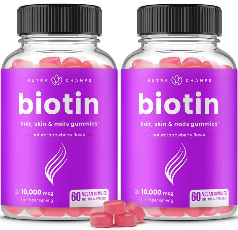 NutraChamps (2 Pack) Biotin Gummies 10,000mcg [High Potency] for Healthy Hair, Skin & Nails for Adults & Kids - 5000mcg in Each Gummy Vitamin - Vegan, Non-GMO, Pectin-Based Hair Health Supplement 2