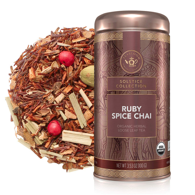 Teabloom Organic Herbal Tea, Ruby Spice Chai Loose Leaf Tea, Spicy and Rich Rooibos Chai with No Caffeine, USDA and EU Certified Organic, Fresh Whole Leaf Blend in Reusable Gift Canister, 3 oz/85 g Canister Makes 35-50 Cups - BeesActive Australia