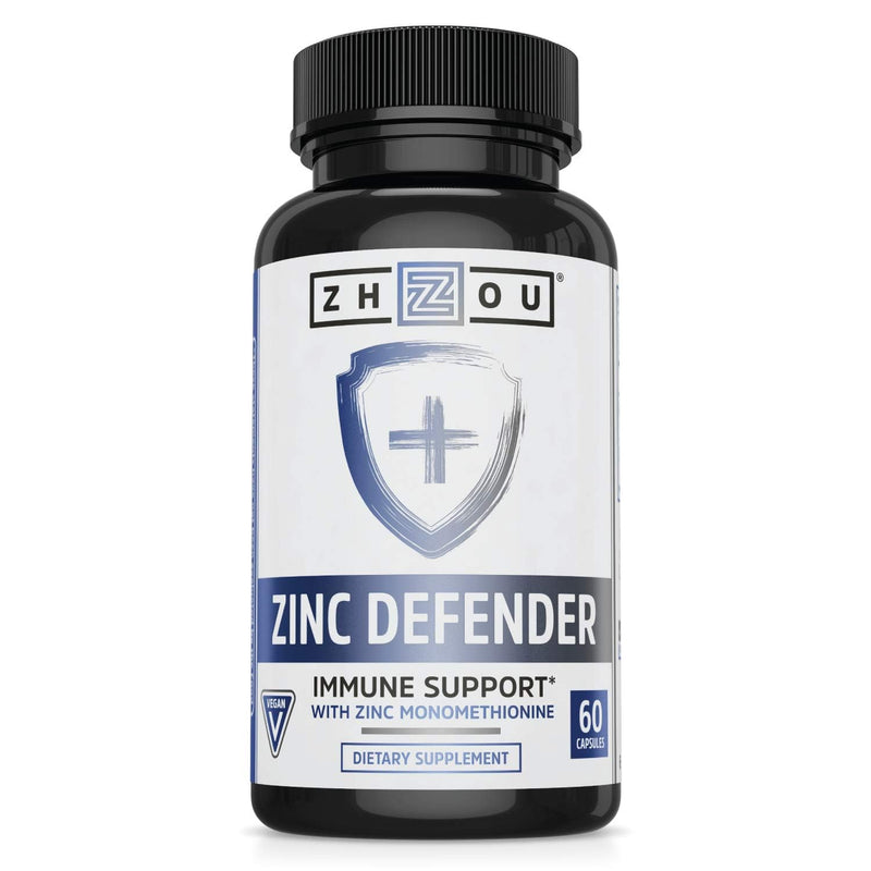 Zhou Zinc Defender - Zinc Supplements for Men & Women - 60 Capsules | 30mg Per Serving for Immune Health and Mineral Support, Vitamin B6 Support, Pure Vegan Formula, Gluten Free Unflavored 60 Count (Pack of 1)