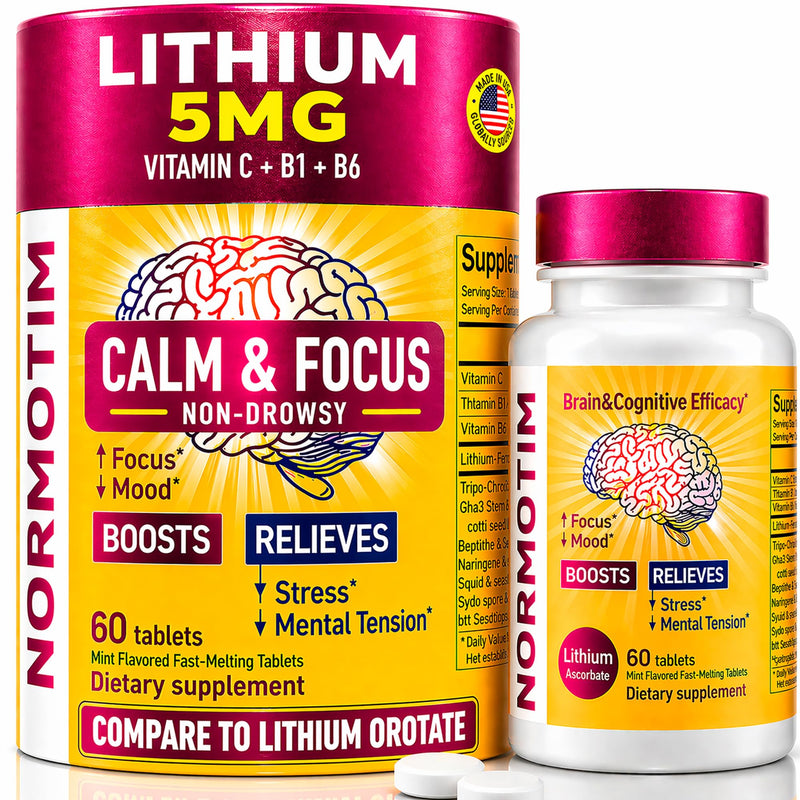 Calm & Focus Support – Lithium Ascorbate 5mg Fast-Dissolve Tablets with Vitamin C, B1 & B6 – Non-Drowsy Cognitive & Memory Support – Compare to Lithium Orotate – Made in USA – 60 Count