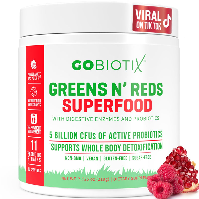 GOBIOTIX Super Greens and Reds Powder - Red and Green Superfood - Probiotic Supplement - Digestive Enzymes and Beet Root Powder - Organic Whole Foods Dietary Supplement (Pom Raspberry, 1 Pack) Pomegranate Raspberry 7.73 Ounce (Pack of 1)