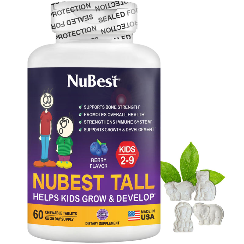 NuBest Tall Kids - Multivitamins & Minerals for Age 2 to 9 - Bone Strength & Immunity Support - Helps Kids, Toddlers Healthy - Animal Shapes - 60 Chewable Berry Tablets | 1 Month Supply Mixed Berries 60 Count (Pack of 1)