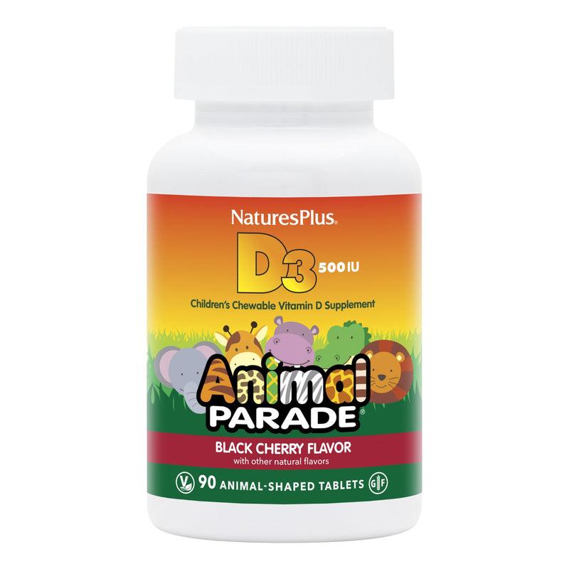 NaturesPlus Animal Parade Vitamin D3 Children’s Chewables - Black Cherry Flavor - 90 Animal-Shaped Tablets, Pack of 2 - Gluten Free, Vegetarian, Hypoallergenic - 180 Total Servings 90 Count (Pack of 2)