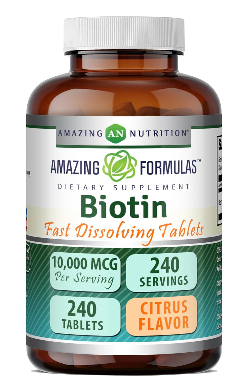 Amazing Formulas Biotin (Vitamin B7) 10,000 Mcg | Fast Dissolve Tablets Supplement | Citrus Flavor | Non-GMO | Gluten-Free | Made in USA (1 Pack | 240 Count) Citrus | 240 Count 1 Count (Pack of 1)