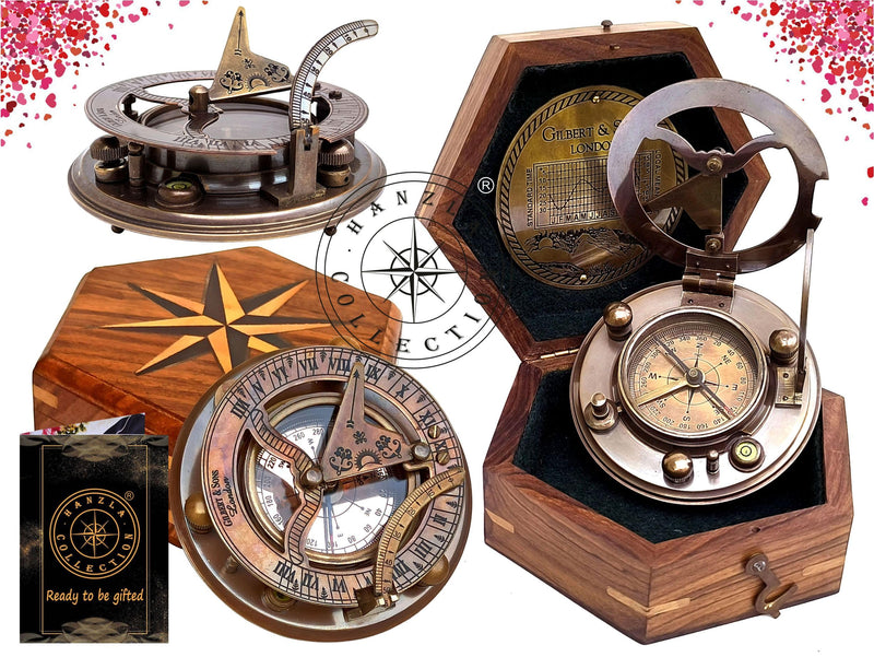 Antique Brass Sundial Compass with Wooden Box and Chart | Working Compass | Gilbert & Sons London Sun Clock Decorations Ship Replica Watch
