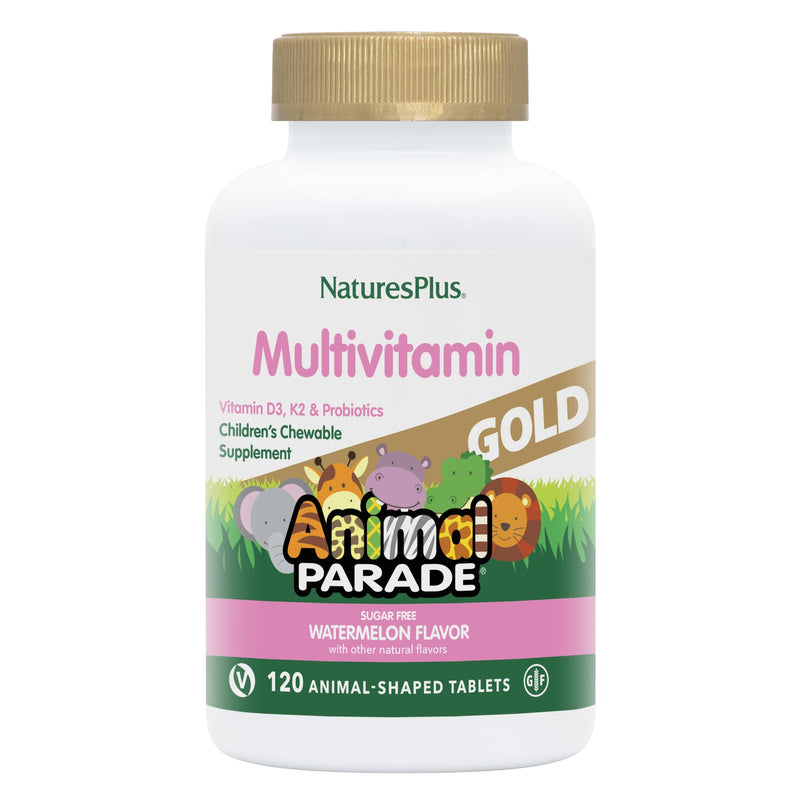 NaturesPlus Animal Parade Gold Multivitamin Children’s Chewables - Watermelon Flavor - 120 Animal-Shaped Tablets, Pack of 2 - Vitamin D3, K2 & Probiotics - Vegan, Gluten Free - 120 Total Servings 120 Count (Pack of 2)