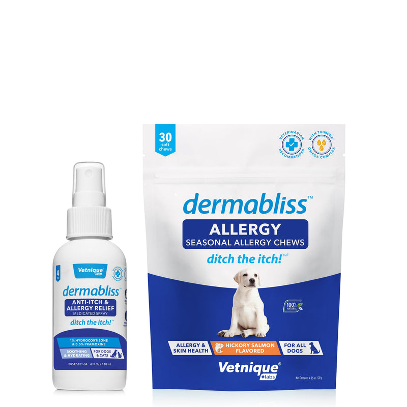 Vetnique Dermabliss Dog Allergy Anti Itch Spray (4oz) & Dermabliss Itch Relief Allergy Soft Chew Supplement (30ct) - PawsPlanet Australia