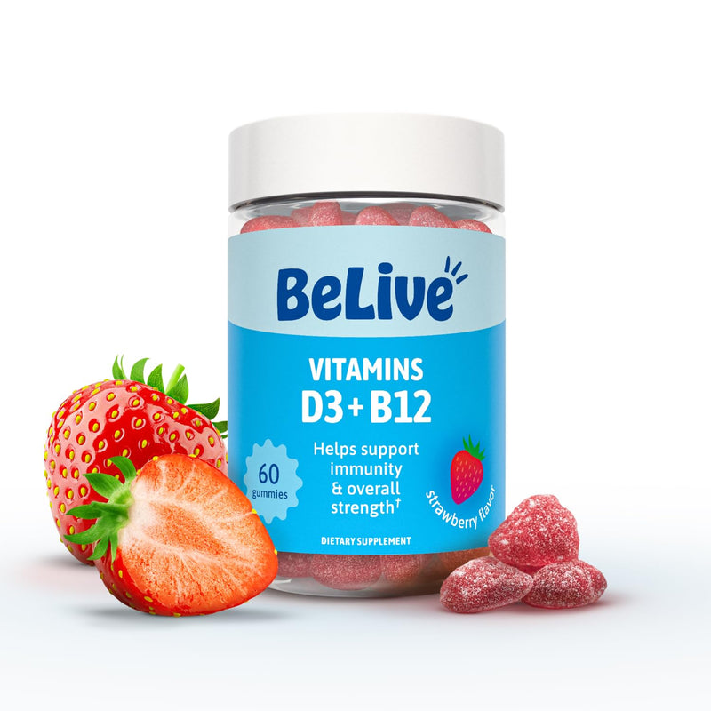 BeLive Vitamin D3 & B12 Gummies, 2000iu, Immune Support Supplement, 60 Ct | Heart Health & Enhanced Bone, Teeth, & Muscle Function - Sunshine Vitamin with Delicious Strawberry Flavor, For Adults & Kids 60 Count (Pack of 1)