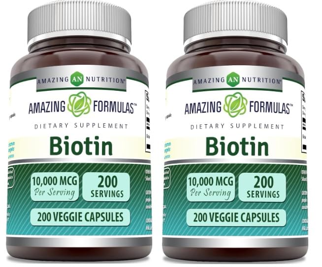 Amazing Formulas Biotin 10000 Mcg Vegetarian Capsules | Vitamin B7 Supplement | Non-GMO | Gluten-Free | Made in USA (200 Count | 2 Pack) 200 Count | 2 Pack