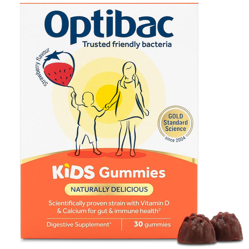 Optibac Kids Probiotics Gummies | 30 Strawberry-Flavored Probiotic Gummies for Kids with Vitamin D & Calcium | 2 Billion Live Cultures | Vegan Children’s Supplement for Digestive & Immune Health
