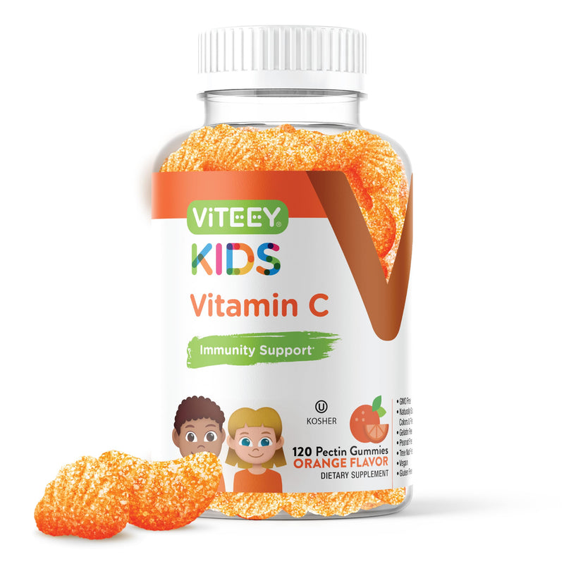 Viteey Kids Vitamin C Gummies - Tasty Chewable Orange Flavored | Immune Support for Kids, Toddlers, & Teens - Vegan, Gelatin Free, Gluten Free, GMO Free Immunity Gummy-120 Count 120 Count (Pack of 1)