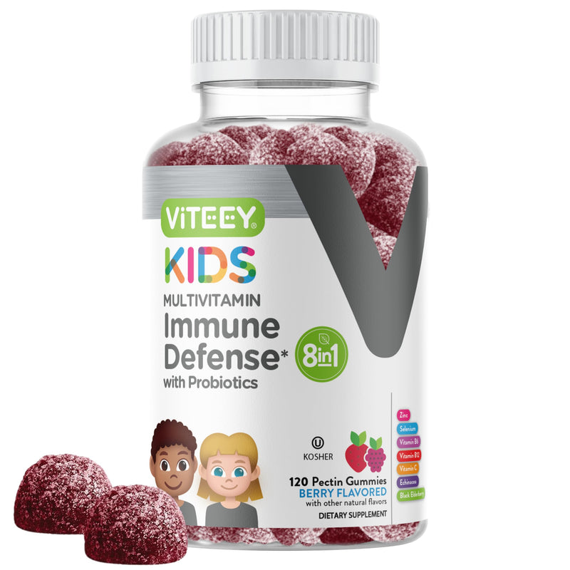 Viteey Kids Multivitamin Gummies with Probiotics - 8-1 Kids Vitamins Gummy | for Immune Health Support with Vitamin C, Echinacea, B12, B6, Zinc, Elderberry, Selenium - Vegan - Chewable Berry Flavored 120 Count (Pack of 1)