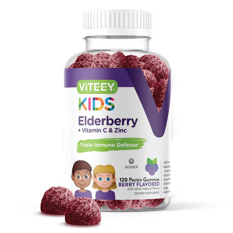 Viteey Sambucus Elderberry Gummies for Kids with Zinc & Vitamin C | Immune Support Supplements 3-1 Immune Booster - Vegan, Gelatin Free, Gluten Free, GMO Free - Chewable Berry Flavored Gummy 120 Count (Pack of 1)
