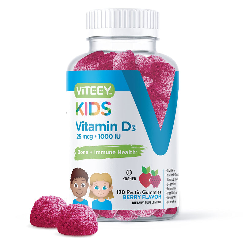 Viteey Vitamin D3 Kids Gummies 25mcg 1000 IU -Tasty Chewable Berry Flavored | Bone Health, Immune Health, Joint Muscle Support - Vegetarian, Gelatin Free, Gluten Free, GMO Free - 120 Count 120 Count (Pack of 1)