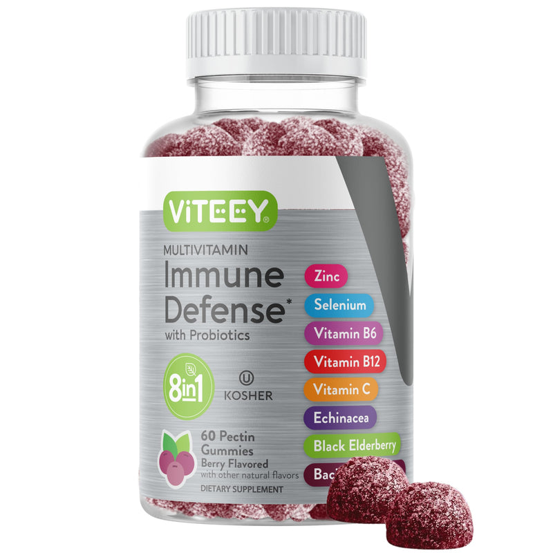 Viteey Multivitamin Gummies 8in1 Immune Support Supplement with Probiotics | Immune Boosters for Adults & Teens - Vegan, Gelatin Free, GMO Free - Chewable Berry Flavored Pectin Immune Defense 60 Count (Pack of 1)
