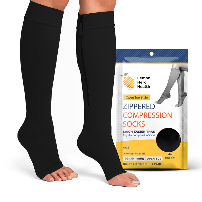 Compression Socks Men 20-30 mmHg - Open Toe Zippered Compression Stockings for Women, Improves Blood Circulation, Prevents Leg Swelling, Shin Splints, and Edema - 2XL, Black [1 Pair] - BeesActive Australia