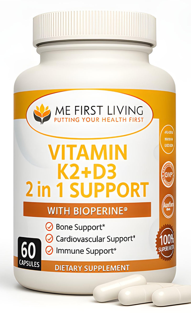 Me First Living Vitamin D3 K2 Supplement for Bone and Heart Health Non-GMO Formula 125 MCG Vitamin D3 & 100 MCG Vitamin K2 MK-7 Easy to Swallow Capsules with Calcium