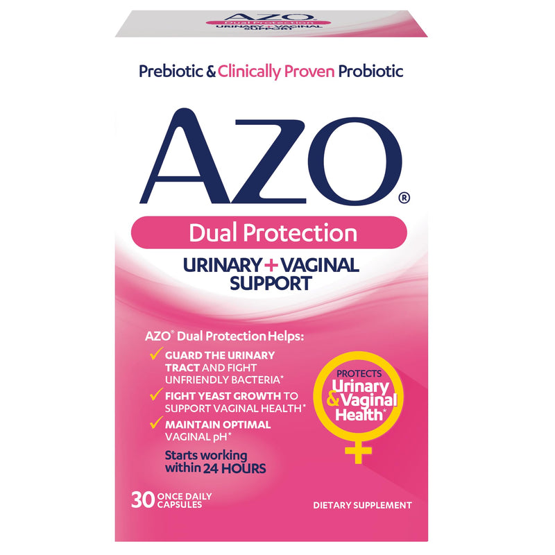AZO Dual Protection, Urinary + Vaginal Support, Prebiotics and Probiotics for Women*, Starts Working Within 24 Hours, Non-GMO, 30 Count 30 Count (Pack of 1) - BeesActive Australia