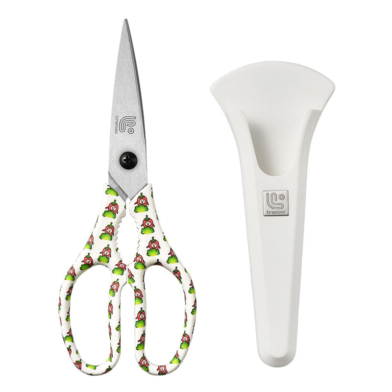 Linoroso Kitchen Scissors Heavy Duty Kitchen Shears with Magnetic Holder Made with Japanese Steel 4034, Multipurpose Ultra Sharp Cooking Scissors for Meat/Vegetables/BBQ/Herbs/Pizza (Graphic,Chili) White/Chili - BeesActive Australia