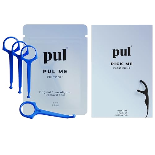 PUL Dental Care Bundle: Pack of 200 Floss Picks + 4-Pack of Clear Aligner Removal Tool – Mint Teeth Flossers for Deep Cleaning, Tool for Invisalign & All Clear Aligners & Retainers