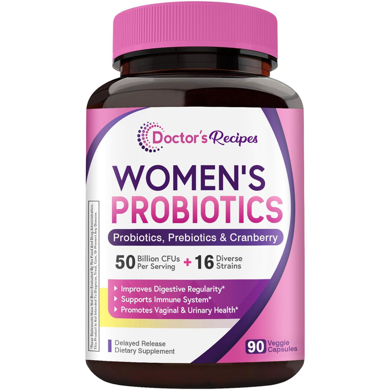 Doctor's Recipes Women's Probiotic, 90 Caps 50 Billion CFU 16 Strains, with Organic Cranberry, Digestive Immune Vaginal & Urinary Health, Shelf Stable, Delayed Release, No Soy Gluten Dairy 90 Count (Pack of 1)