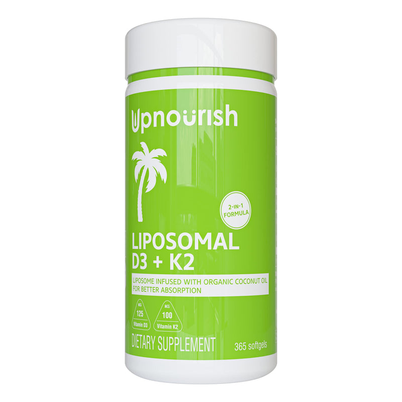 UpNourish Liposomal D3 & K2 MK-7, Advanced Absorption for Optimal Bone and Immune Health, Supplies 5000 IU 125 mcg Vitamin D3 and 100 mcg Vitamin k2 with Organic Coconut Oil, 365 Mini softgels - BeesActive Australia